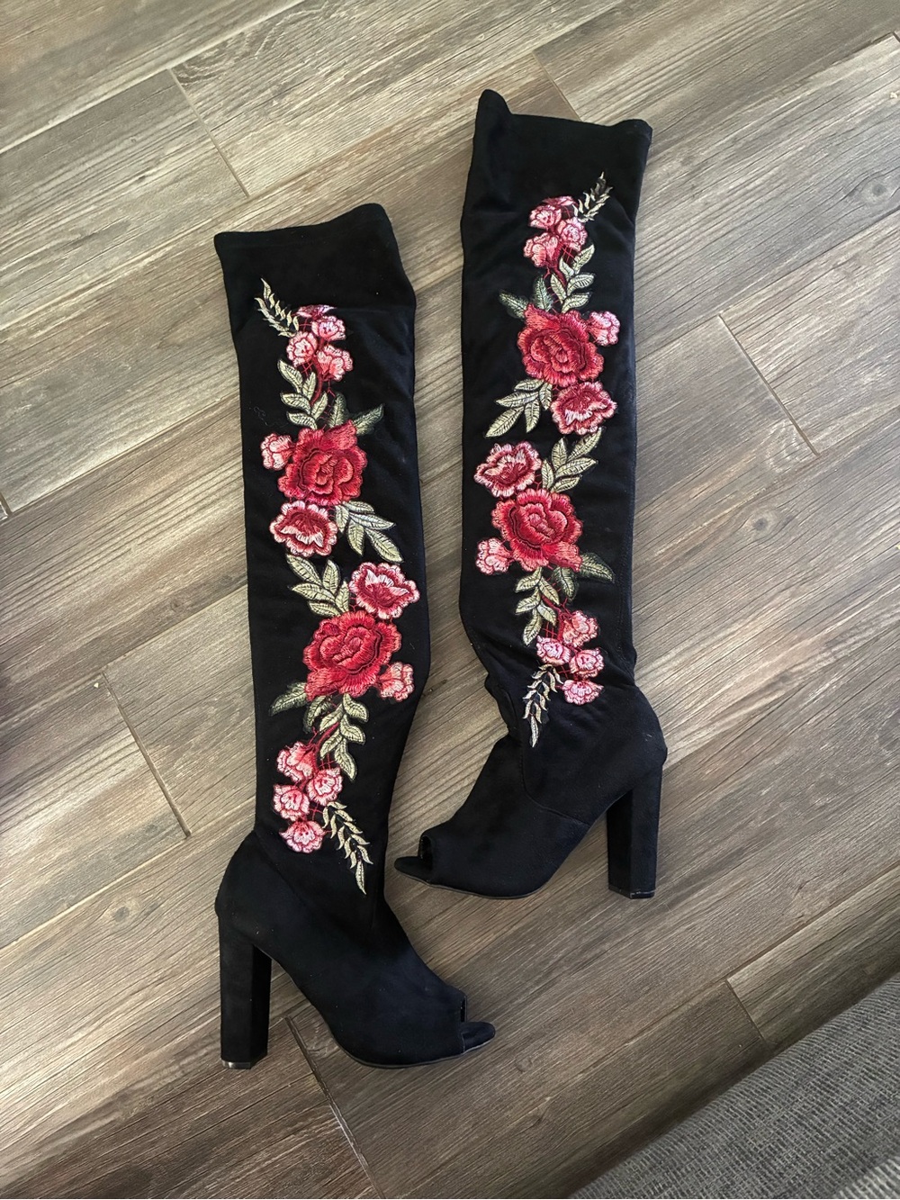 Wild Diva Black Over-the-Knee Peep-Toe Boots with Red Rose Embroidery